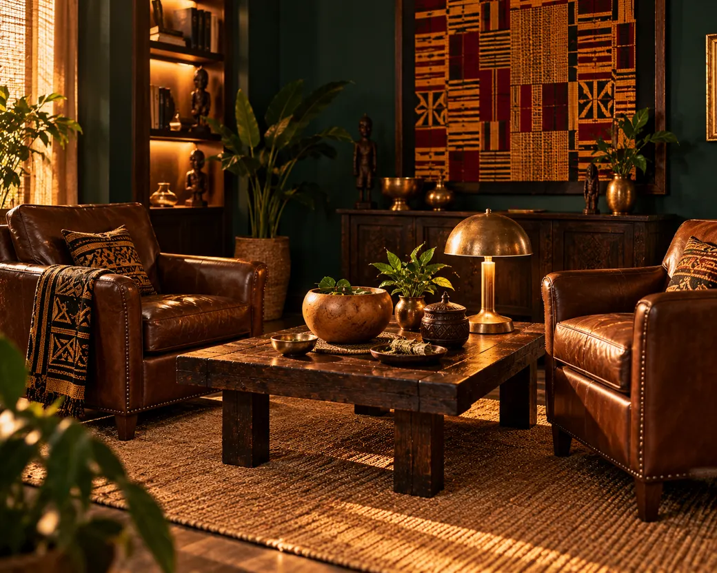 Ambiance d’une consultation privée : fauteuils en cuir, table basse, calebasse et décor africain
