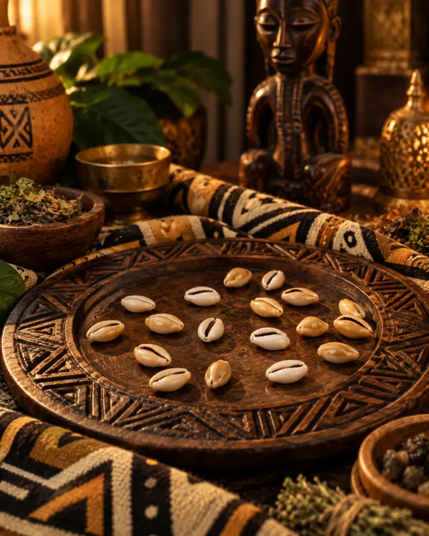 Plateau de divination aux cauris, statuette en bois et tissus traditionnels