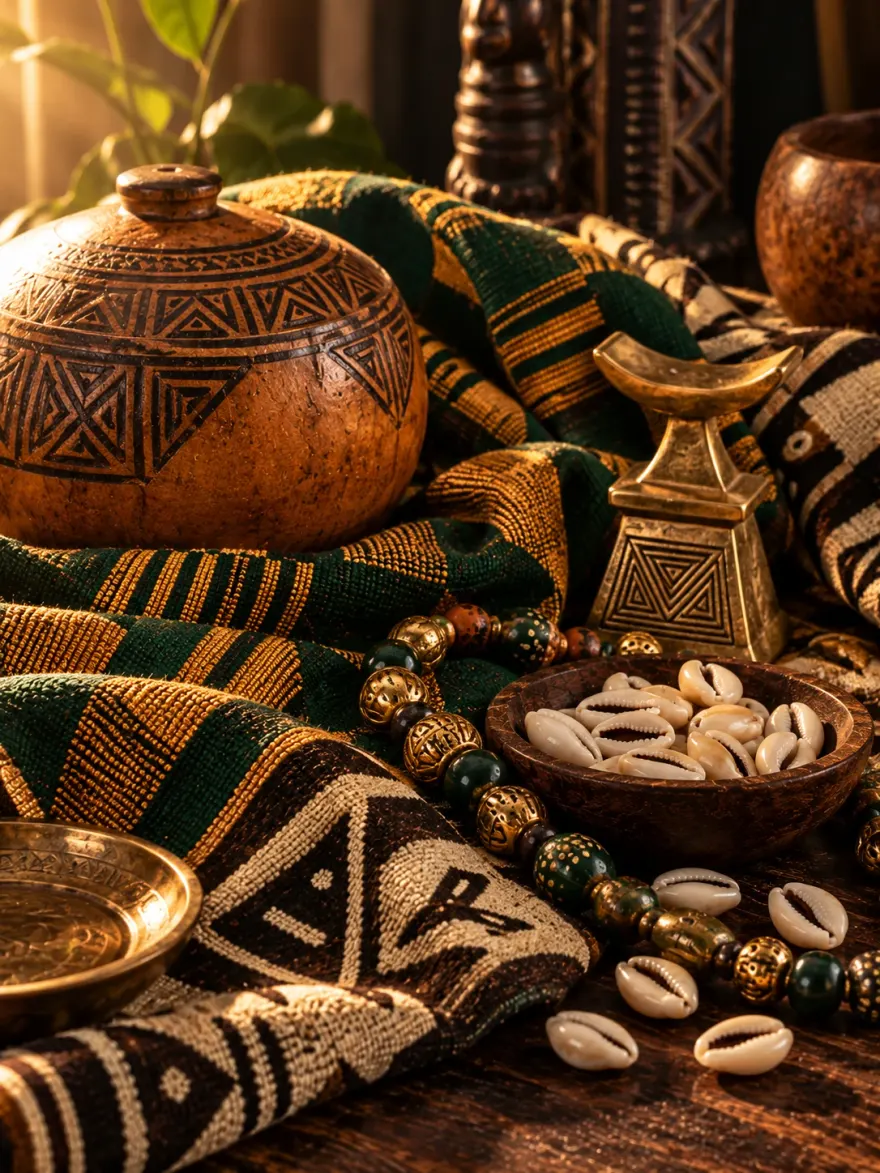 Héritage ouest-africain : calebasse, cauris et tissage traditionnel