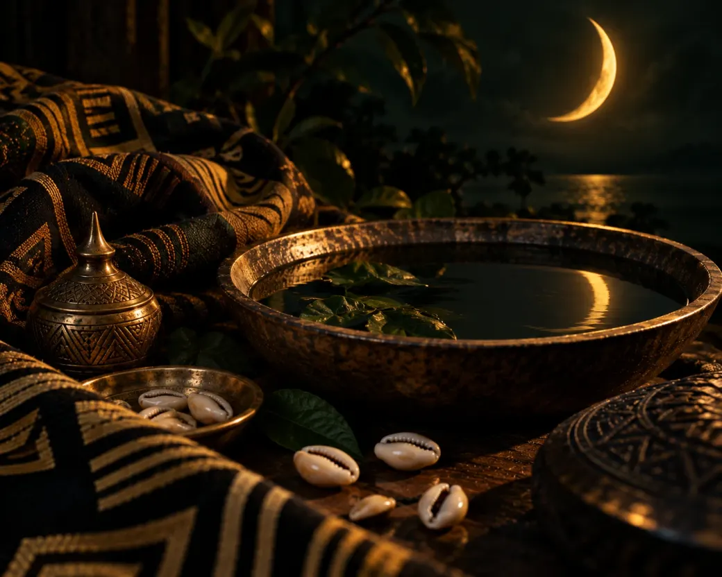 Bol d’eau sombre reflétant un croissant de lune doré, cauris et tissu aux motifs dorés