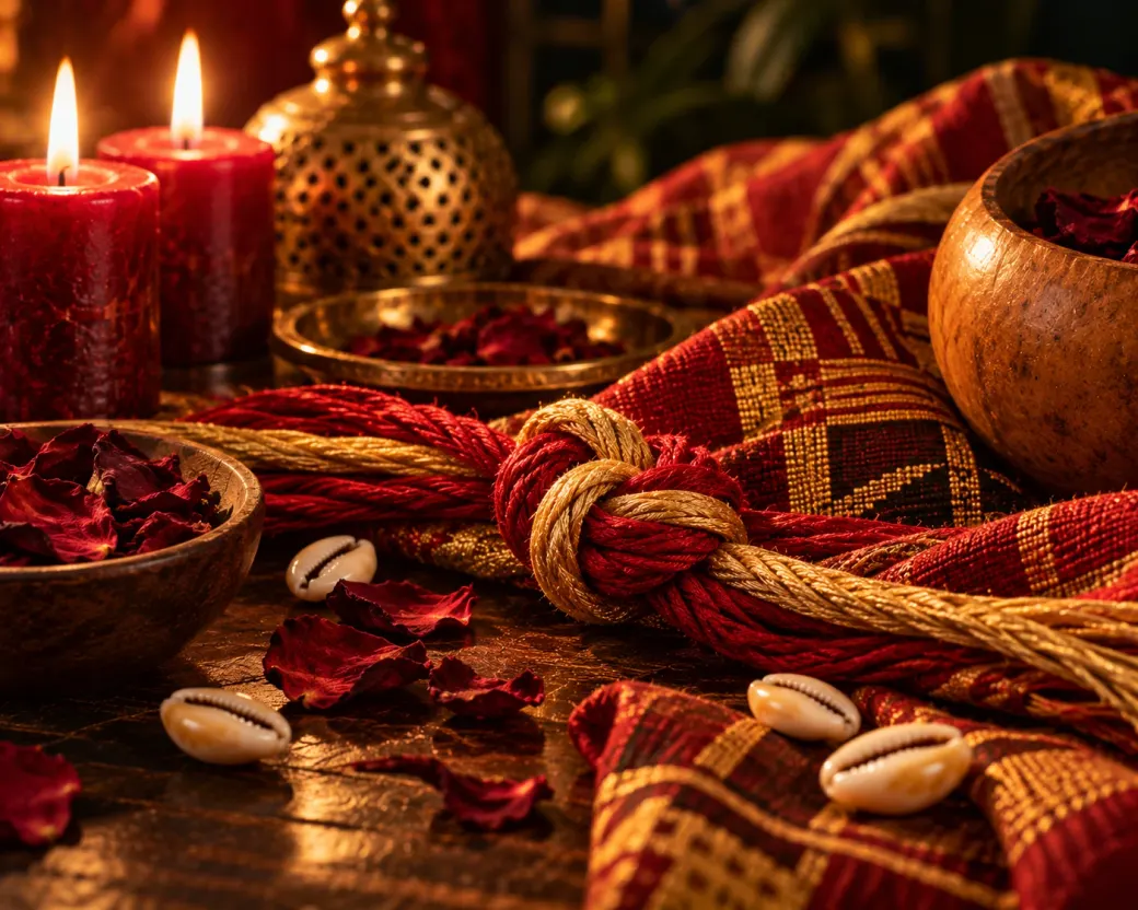 Cordes rouge et or nouées, pétales de rose et bougies rouges sur un tissu tissé