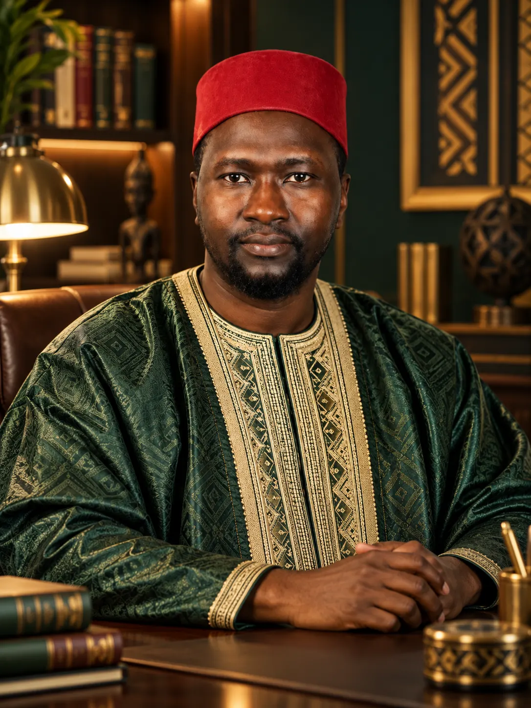 Portrait d’Abdoul en grand boubou vert brodé d’or et calotte rouge