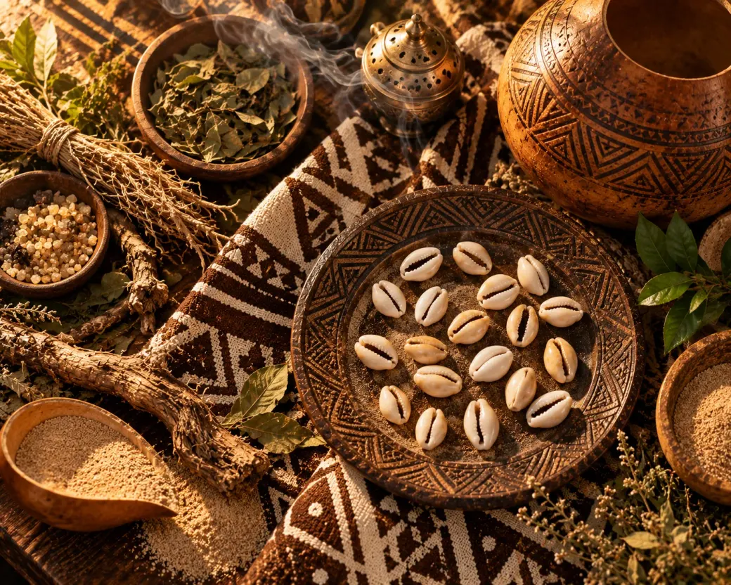 Plateau de divination aux seize cauris, racines, plantes séchées et encens